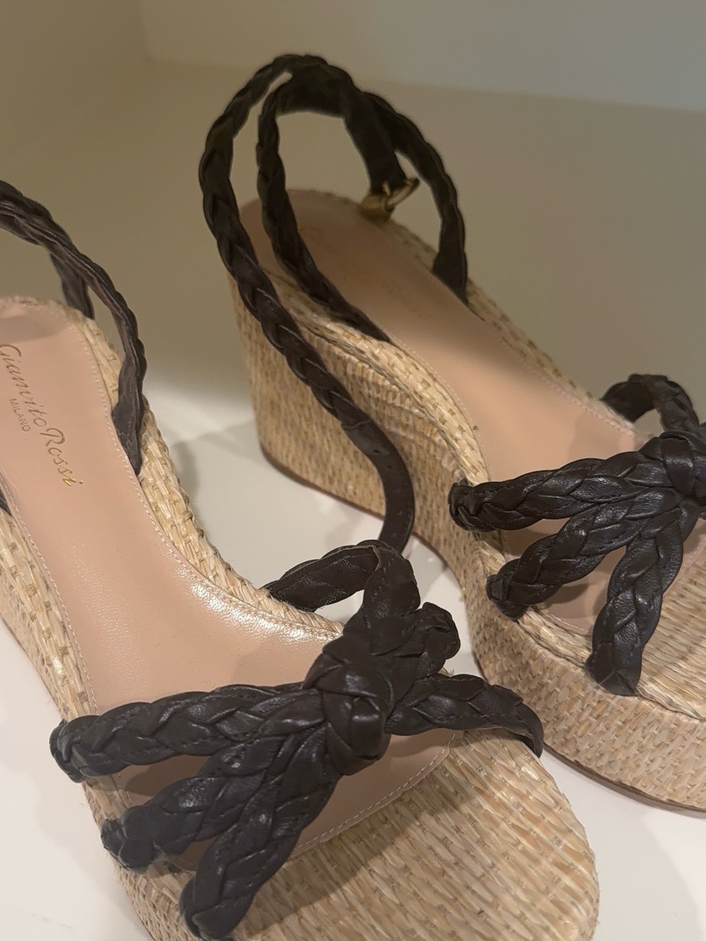 Gianvito Rossi Black Braided Leather Espadrille Wedges